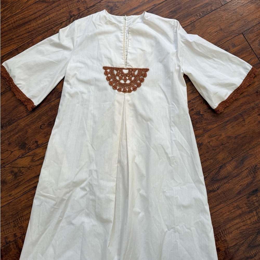 Vintage 1970s Caftan Maxi Dress with Brown Crochet Knit Cottagecore | Small - Picture 4 of 8
